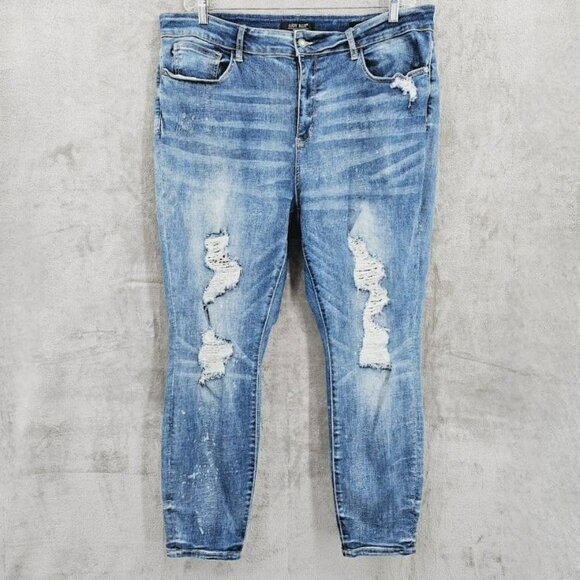 Judy Blue Jeans 22W Medium Wash Bleached Distressed Skinny Fit Stretch High Rise - Picture 1 of 14